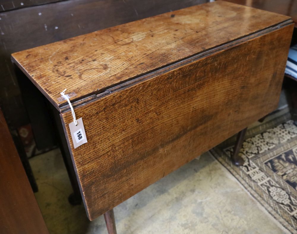 A mid 18th century oak pad foot drop leaf dining table, 110cm, extended, width 92cm, height 72cm